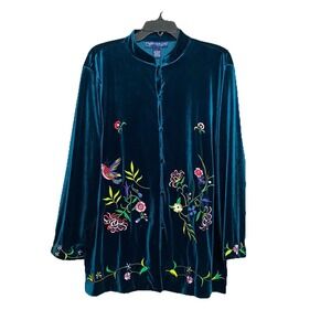 Susan Graver Velvet Shirt Button Up Women Sz L Embroidered Floral Birds‎ Emerald